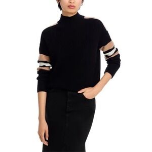 Aqua Cashmere Stripes Sleeves  Mock Neck Sweater Women's‎ Size XS Black Beige